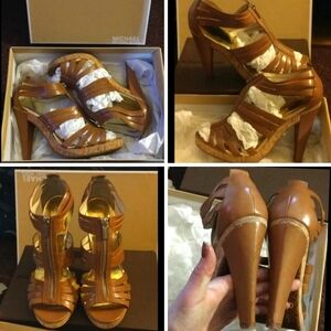 MMK MICHAEL Michael Kors Caged Sandals Leather T-strap High Heel Ankle Booties